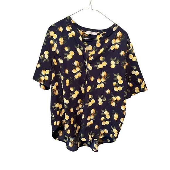 Dalia Shirt Women's Large Blue Lemon Print 100% Polyester Short Sleeve Classic - Picture 1 of 5